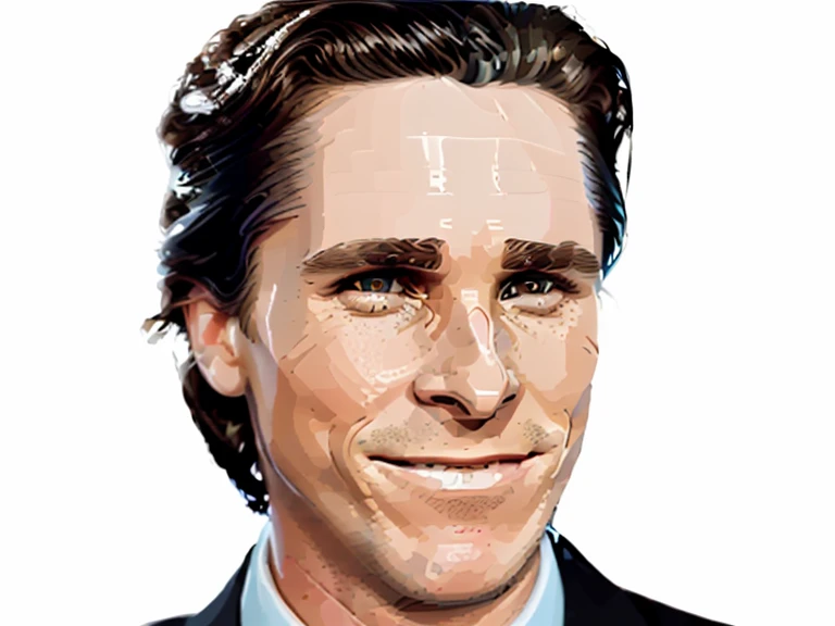 t-shirt designer, stylized modern vector art, (white background), vector, design, (a close-up of a man in a suit making a face), Patrick Bateman), in American Psycho (1 9 9 9),, ,,(Christian Bale), (smug smile).(minimalist),.few details,colors (black and white).(sticker)