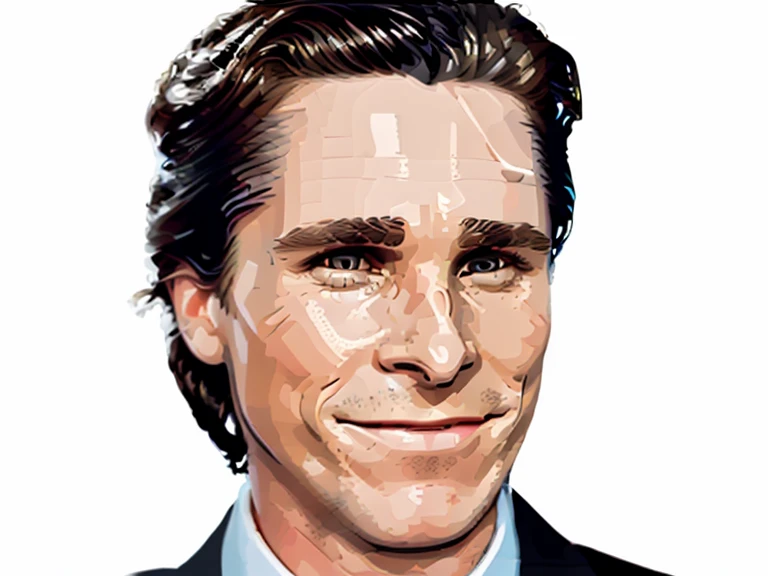 t-shirt designer, stylized modern vector art, (white background), vector, design, (a close-up of a man in a suit making a face), Patrick Bateman), in American Psycho (1 9 9 9),, ,,(Christian Bale), (smug smile).(minimalist),.few details,colors (black and white).(sticker)
