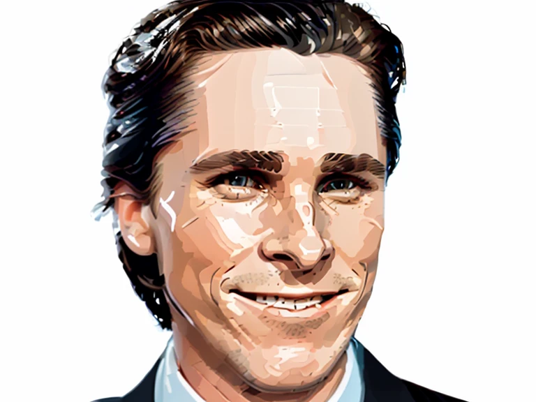 t-shirt designer, stylized modern vector art, (white background), vector, design, (a close-up of a man in a suit making a face), Patrick Bateman), in American Psycho (1 9 9 9),, ,,(Christian Bale), (smug smile).(minimalist),.few details,colors (black and white).(sticker)
