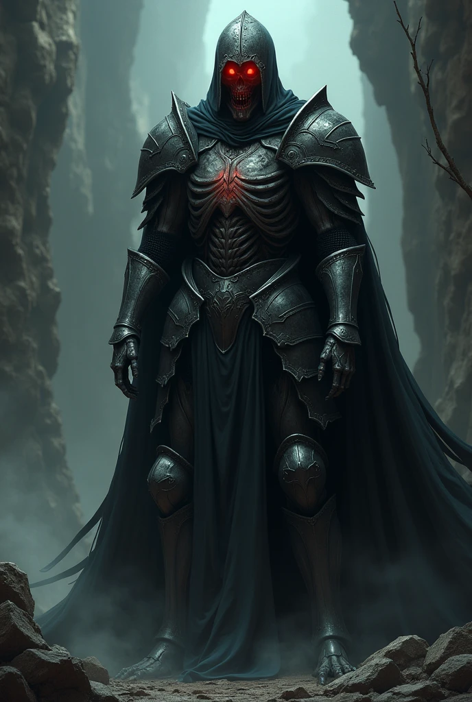 They have the appearance of a sinister knight, wearing heavy armor, that never remove. Any part of the body that happens to be visible shows dry skin, with protruding bones. Instead of eyes, his eye sockets are occupied by bright red lights, visible even through the helmet.