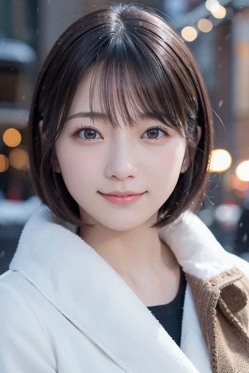 masterpiece、Highest quality、High resolution、Japanese women、(RAW Photos, Highest quality), (reality, Realistic:1.4) Tabletop、reality的、Stereoscopic lighting、Professional Lighting、Face Light、Smooth lighting、sexy、Sunburned skin、very detailed eyes and face, Beautiful and detailed nose, beautiful eyes, Perfect Anatomy、Bobcut、Brunette Hair、Iris、Gazing silently at the falling snow. Christmas streetscape、Cute muffler、Smiling in her winter outfit
