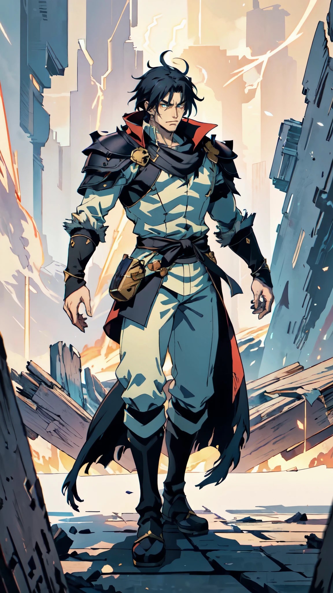 (masterpiece:1.2, best quality:1.2, extremely delicate:1.2), a middle-aged man, wild disheveled long hair streaked in red and black, a rugged and imposing face, a lightning-shaped tattoo on the left side of his face, sharp eyes, a confident smile, a tall and muscular build, a fantasy martial arts-style short-sleeved coat, form-fitting scale armor underneath, a black fur shawl drapes over his shoulders, wrist guards, matching canvas trousers, stands majestically on shattered ground, surrounded by floating debris, this character embodies a finely crafted fantasy martial arts-style overlord in anime style, exquisite and mature manga art style, dramatic, high definition, highres, ultra-detailed, ultra-fine painting, professional, perfect body proportions, golden ratio, anatomically correct, symmetrical face, extremely detailed eyes and face, high quality eyes, creativity, RAW photo, UHD, 32k, Natural light, cinematic lighting, (masterpiece-anatomy-perfect:1.2)