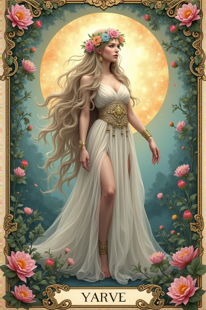 Beautiful and Beautiful Elf Warrior Queen Tarot Card, Fractional Magic, Illustration in the style of Travis Charest, ink line art, poster for, Model Elle Fanning, cgsociety, fantasy art, details illustration, undercover, Botanical masterpieces, details, Too realistic, Eremet in symbolism and surrealism, intricate design, intertwined., beautiful woman, flower, pastel colors.