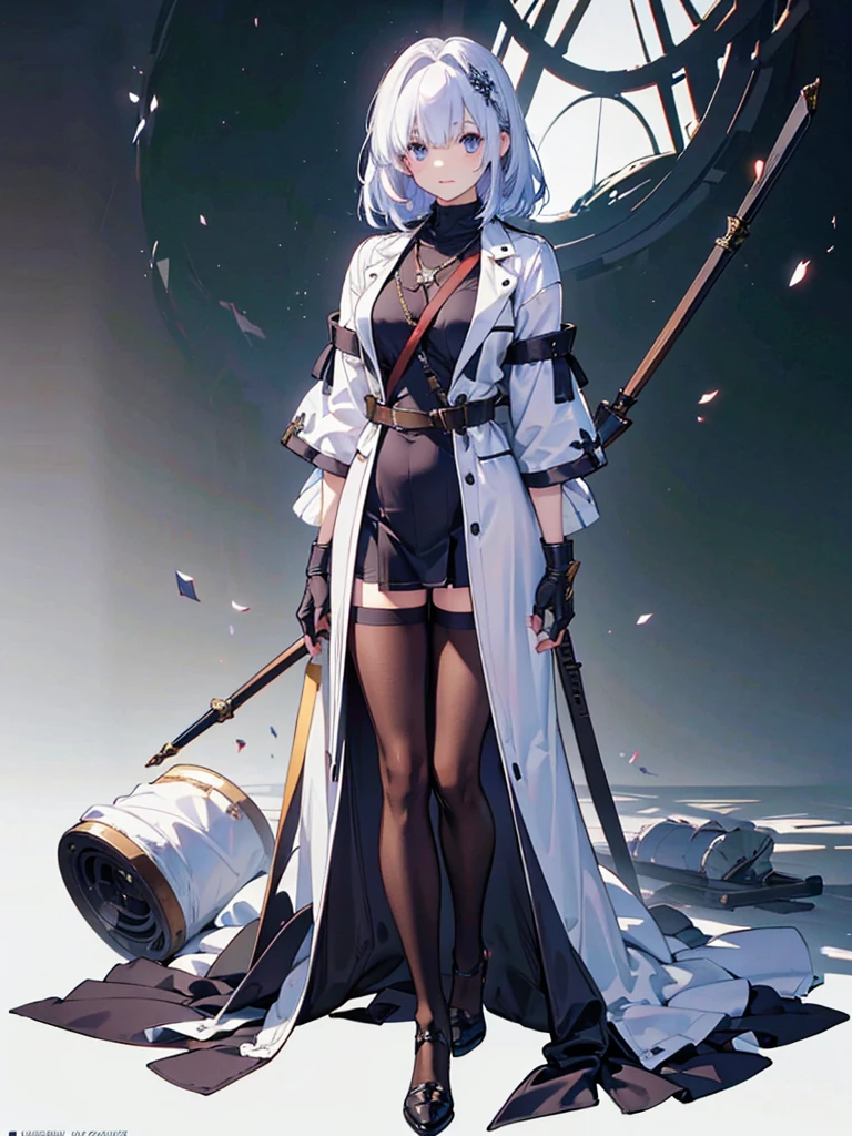 (masterpiece:1.2, Highest quality),(Colored Background) (Beautiful attention to detail: 1.2), (Highly detailed CG Unity 8K wallpapers, masterpiece, Highest quality, Very detailed, Best Shadow), (Detailed Background), White jacket,Medium Hair, ,arms(Gauntlet),alone ,Pale Hair,Pale eyes,One person, sketch (Character design sheet, same characters, whole body, Three-View, front, ~ ~ side, return), alone