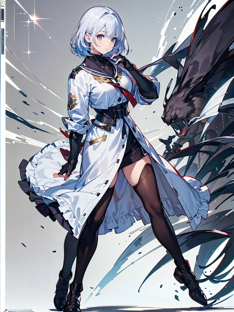 (masterpiece:1.2, Highest quality),(Colored Background) (Beautiful attention to detail: 1.2), (Highly detailed CG Unity 8K wallpapers, masterpiece, Highest quality, Very detailed, Best Shadow), (Detailed Background), White jacket,Medium Hair, ,arms(Gauntlet),alone ,Pale Hair,Pale eyes,One person, sketch (Character design sheet, same characters, whole body, Three-View, front, ~ ~ side, return), alone