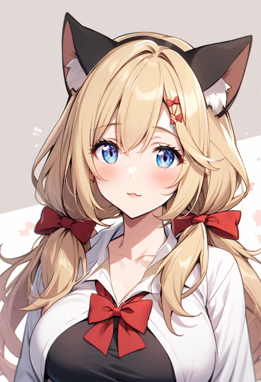 girl, cute, blue eyes, cat ears, mature, blond hair, long hair, low twin tails, red bow on hair