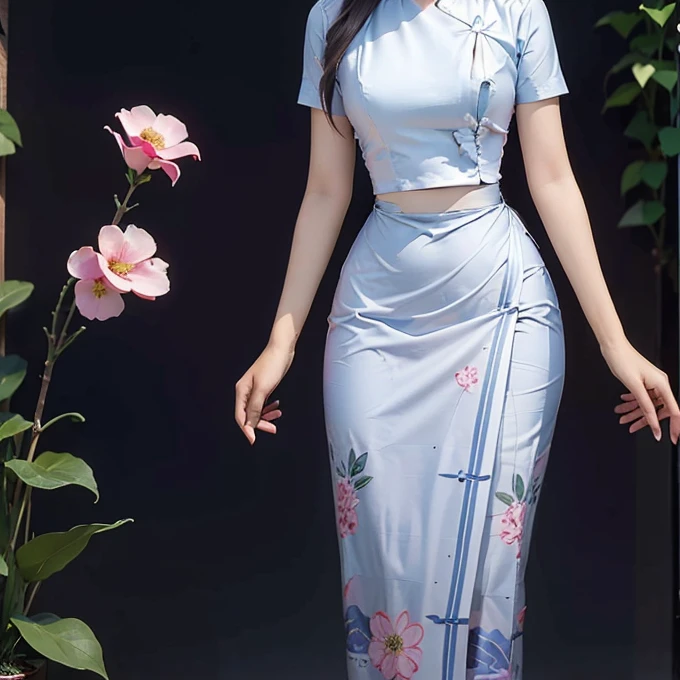 Burmese girl A smiling face with attractive curvy full body.  Friends full-length bikini, (white 🤍 +blue 💙 dress) reflective long dress painted with flower patterns, only dress.  hi gh hips  High resolution  High resolution  natural background  High resolution  HD  3D,  8K cartoon anime 