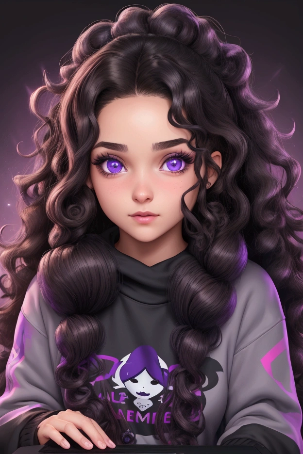 8 K, Beautiful young gamer girl, On a black background, at the computer, Close-up, first person, ((long curly brown hair)), Big purple eyes, eyelashes, in a sweatshirt, on which the inscription "Rachel Toxic" Inscription on clothes,