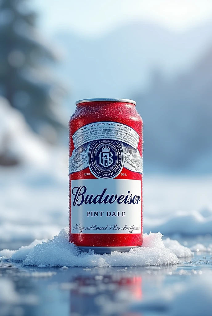 photography realistic, announcement, from front view, Products, A realistic 269ml can of Budweiser Beer, soft light and blurred background, icy landscape, High details, sharpening, sharp contrast, focus on the Products, The correct can says 'King of the Beers'