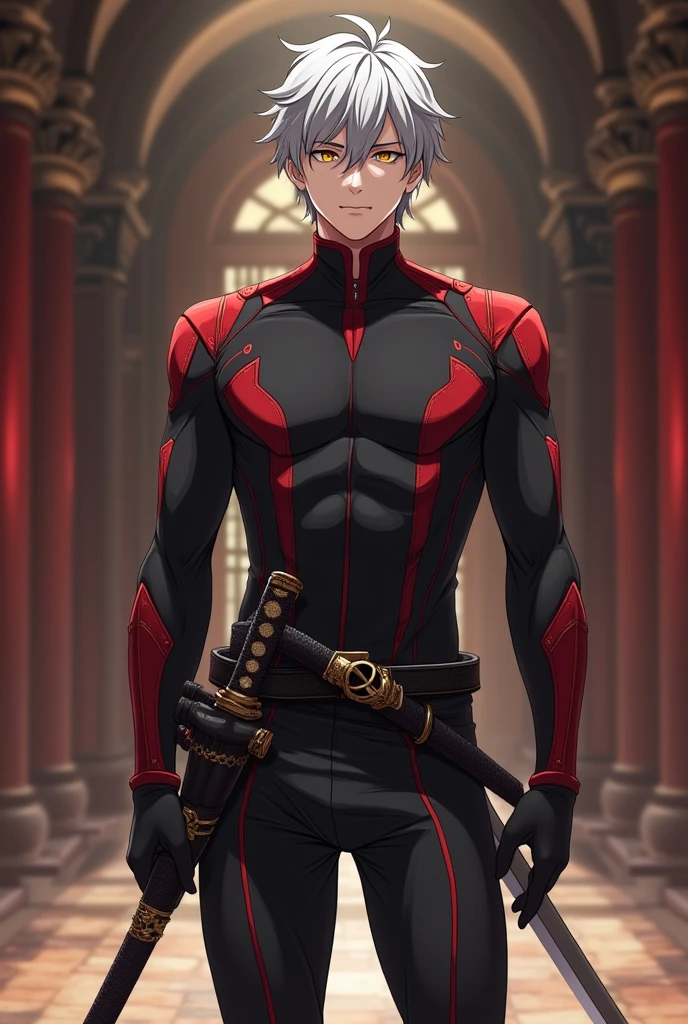 A handsome man with silver hair and shiny detailed golden eyes, he has flawless, well-cared for skin, He has a symmetrical face.. He has an air of nobility and serenity. Straight and well-proportioned nose, with a slight curve. Thin, firm lips, displaying an expression of concentration. Your skin is pale and flawless, without any visible scars or marks, except for a few fine lines around his eyes. She wears a body-hugging combat suit, made from a lightweight material, Flexible and durable. The suit is black with dark red details, designed to allow maximum mobility and discretion. Has hidden pockets and compartments for storing small tools and weapons. She wears black combat boots that reach halfway up her calf, with non-slip soles and reinforced tips for additional protection. black fingerless gloves, made from the same durable material as the suit, providing better grip on her daggers and surfaces. A black belt with various pouches and compartments for storing additional daggers, smoke grenades, and other tactical equipment. His katana is a masterpiece, with a blade forged from tempered steel. The hilt is wrapped in black leather and decorated with gold details. The katana is carried in a black and red scabbard attached to his waist. A calm and controlled expression, with eyes that seem to see through people. When in combat, his expression becomes serious and determined. Hall in the background. anime styling.