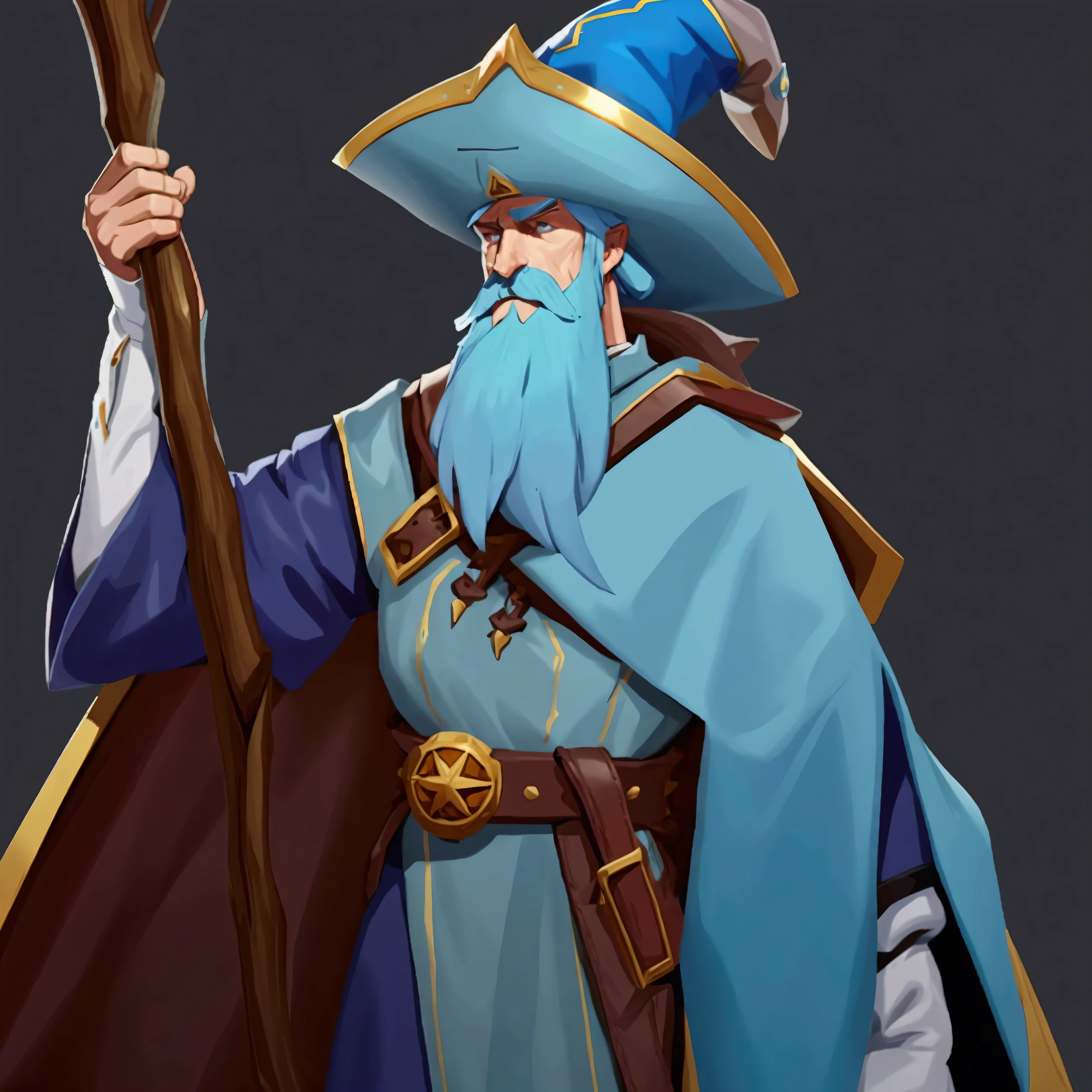 concept art, European and American comics, game character design, RPG Fantasy Game Characters, 1boy, solo, European male in his 30s, Male-centric, Light blue hair, Mustache and beard, Hair length reaches the neck, Wizard Outfit, A light gray outfit, The wizard hat has a brown belt decoration in the middle. The wizard hat looks similar to an explorer's hat. There is a brown leather cover from the shoulder to the chest area. The leather is spread out on both sides of the chest and there are decorative lines connecting both sides in two rows. Wearing brown arm guards on the arms, Holding a wooden stick with a jewel at the end, Wearing a brown belt three times around the waist, The belt has pouches and bags hanging from it. Zoom in on the upper body