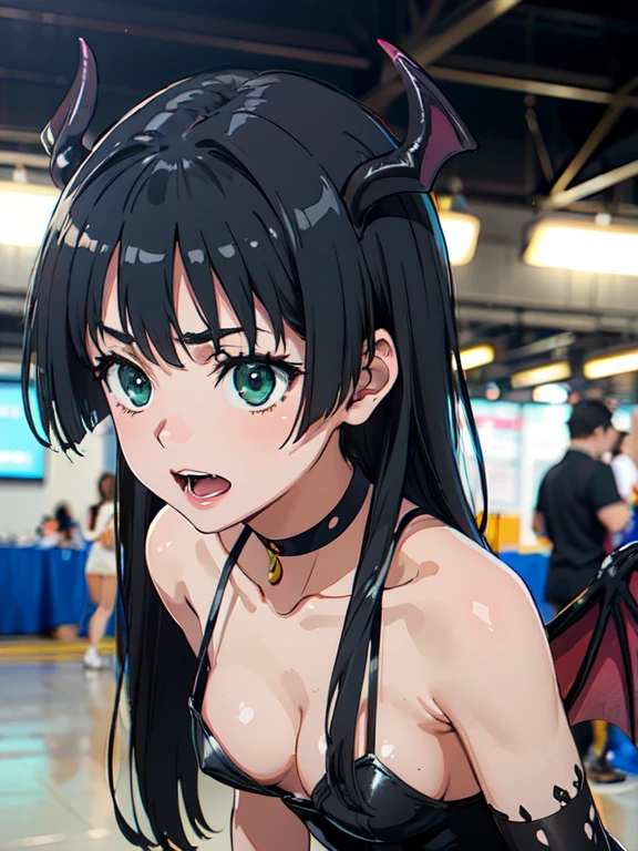 (High resolution:1.4), (masutepiece:1.2), (High quality:1.3) 1girl, saten ruiko, green eyes, long hair, black hair, small breast, (Succubus, sexy suit, Devil Wings, Body Paint),, cinematic lighting, pov, dynamic angle, open mouth, Be ashamed, comiket_cosplay_Hiroba comiket_cosplay, N4
