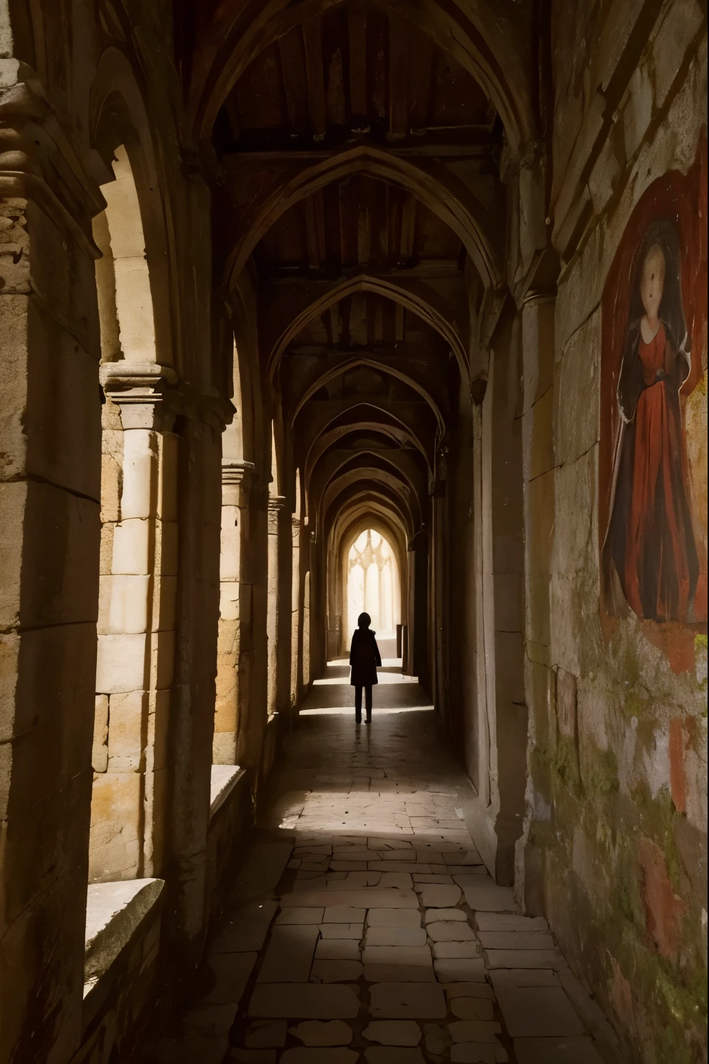 two and a nine year old girn abbey, dark atmosphere, spooky place, darkness, eerie shadows, ancient ruined medieval frescoes on the walls