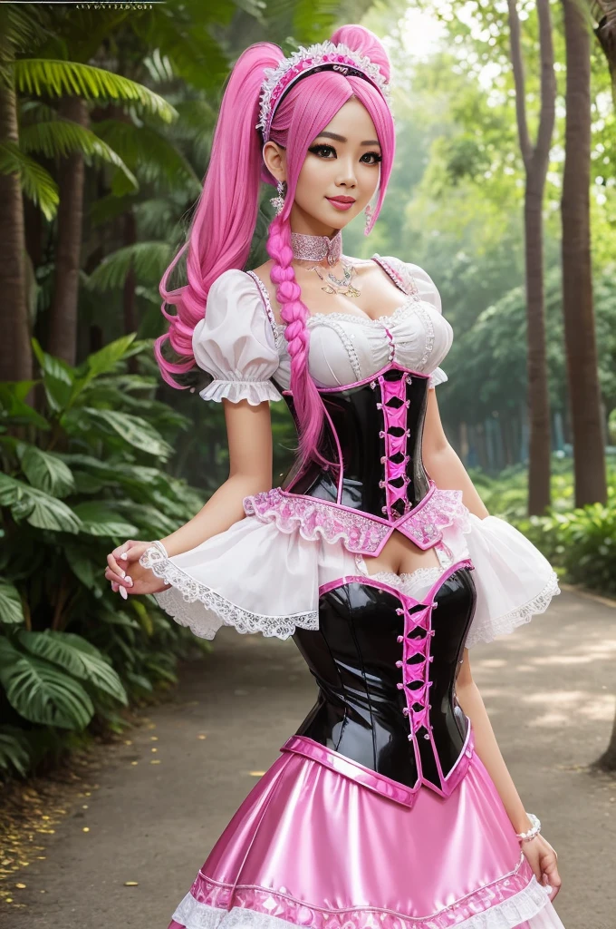 sexy stylish Thai model, only 1 female, long neon pink stylish hair, ((shiny Victorian-Style boots)), beautiful smile, ultra detailed eyes, vivid eye makeup, lipgloss, long lashes, defined eyebrows, ((sexy Paradise Kiss cosplay)), bell-shaped skirt, petticoats, high neckline, puffed sleeves, (( ultra detailed lace)), ((ultra detailed embroidery)), intricate details, Paradise Kiss accessoires and matching headpiece, choker, ((large sparkling Paradise Kiss jewelry)), cinematic light, detailed large park background with trees