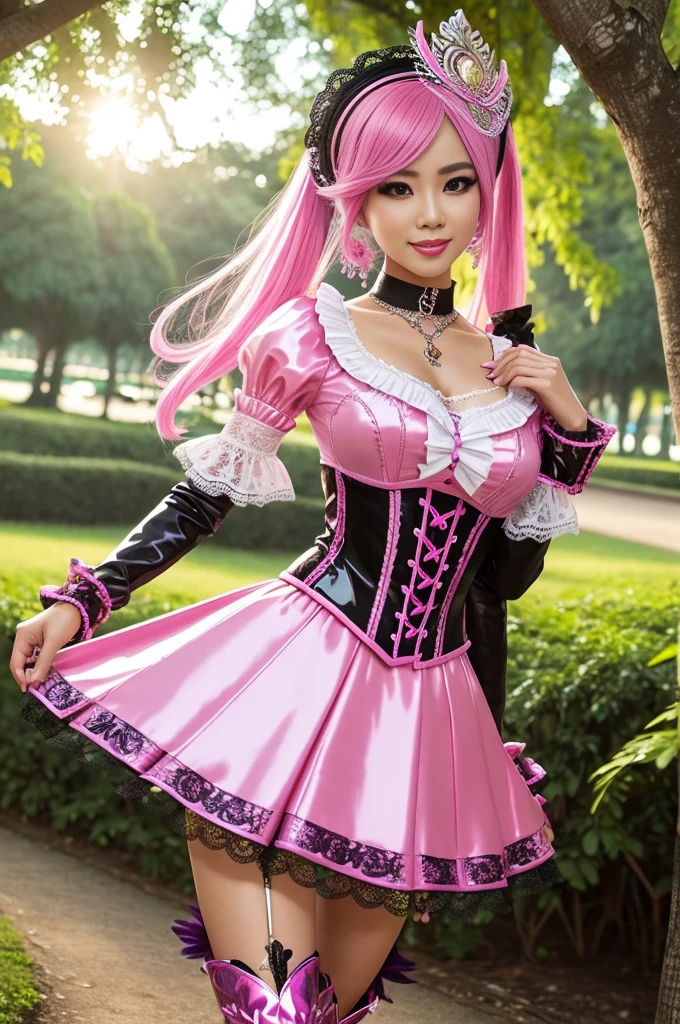 sexy stylish Thai model, only 1 female, long neon pink stylish hair, ((shiny Victorian-Style boots)), beautiful smile, ultra detailed eyes, vivid eye makeup, lipgloss, long lashes, defined eyebrows, ((sexy Paradise Kiss cosplay)), bell-shaped skirt, petticoats, high neckline, puffed sleeves, (( ultra detailed lace)), ((ultra detailed embroidery)), intricate details, Paradise Kiss accessoires and matching headpiece, choker, ((large sparkling Paradise Kiss jewelry)), cinematic light, detailed large park background with trees