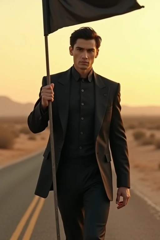 Create a realistic portrait image with a warm cinematic perspective of a man wearing a modest black suit, with black hair and sharp features. He is walking on a semi-desert road, looking forward, carrying a black flag with no inscriptions.
