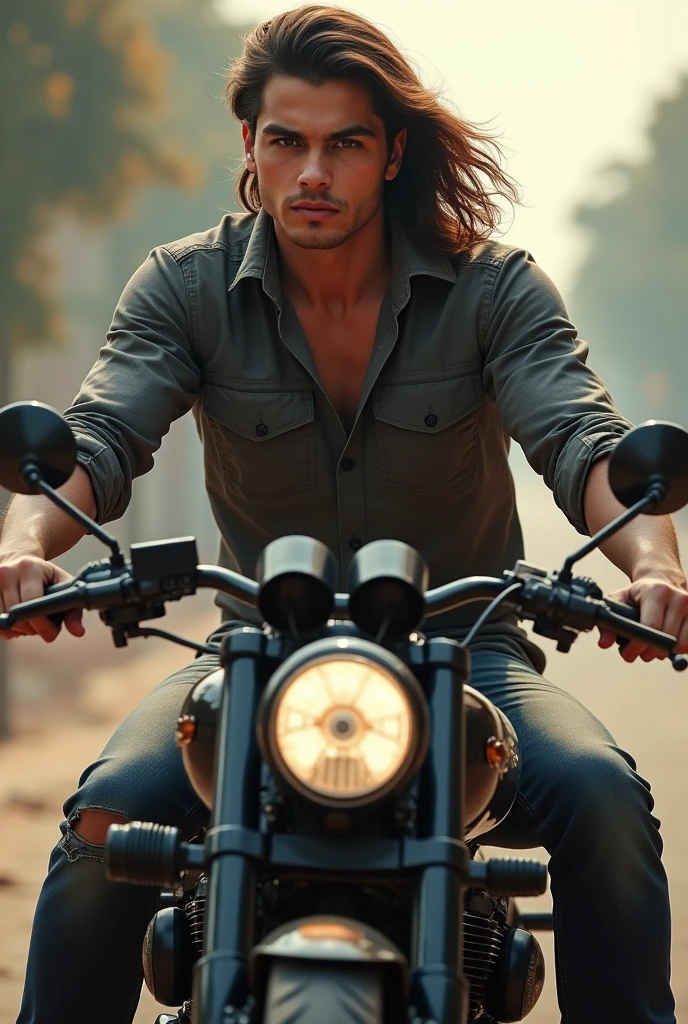Handsome boy on heavy bike silky brown long hair named saim on shirt