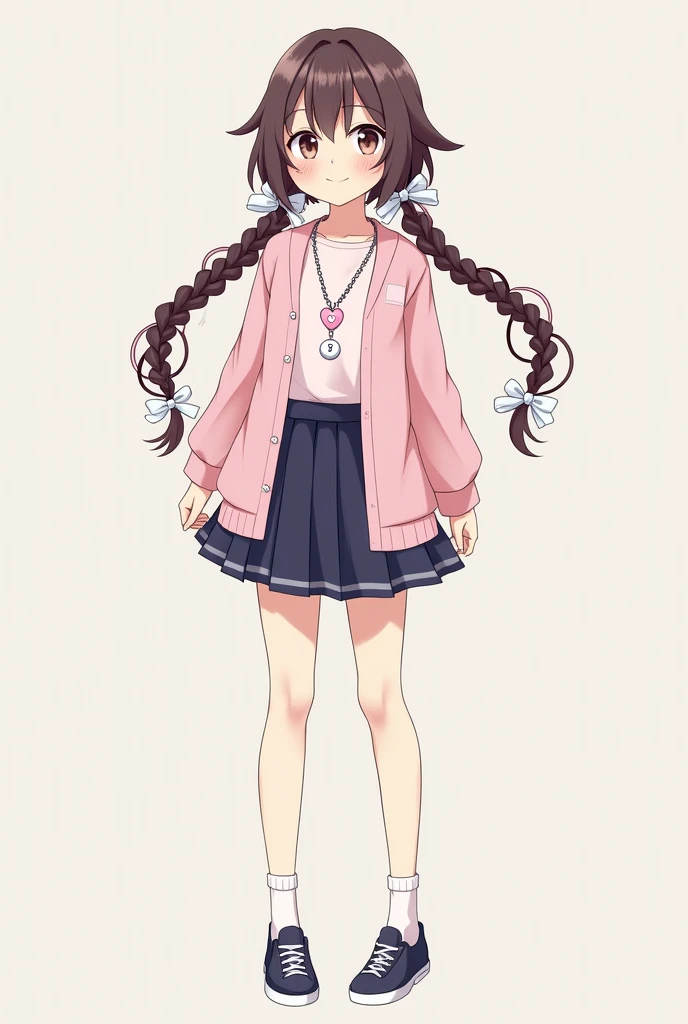 female character, Long hair with braids on the right with a white ribbon, a chain with a pastel pink heart and a white initial A, a pastel pink shirt, A navy blue choir and school shoes, White sleeves a happy face and normal skin