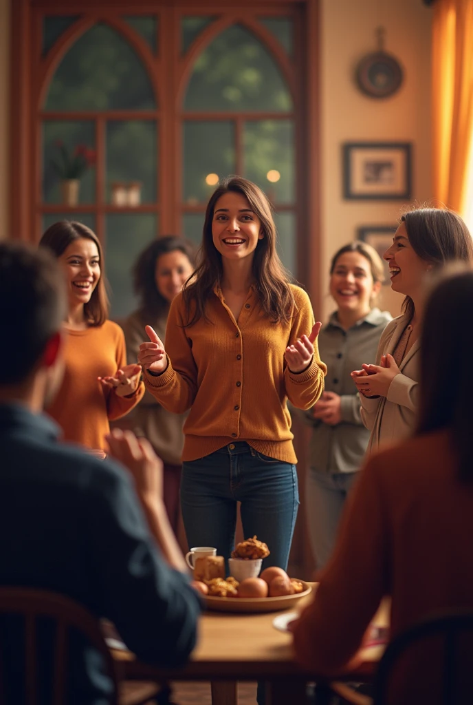 A group of people gathered around one person, who is smiling and enthusiastically gesturing, while everyone else looks engaged and happy.