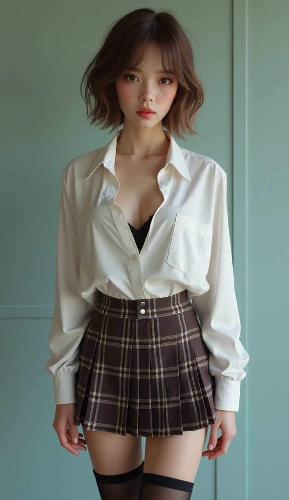 (((There is one girl:1.5))),Mary R.,(((A tall high school girl with a model figure))),Perfect proportions,(Standing facing this),Full body photography,(wide thighs, Very long legs),Fleshy,Mid-chest,(((Cleavage))),Breast enlargement,swelling of the nipples,Unbutton your shirt,Loafer Asterpiece on the ground:1.3),((8k, Photorealistic:1.4,Surreal,RAW Photos, highest quality: 1.4,Ultra high definition,Super detailed)), Beautiful Face,(Realistic face),(Brown's shortcuts:1.3),Short Hair,Disheveled Hair,Fluffy hair, Cat Ears, Glowing-Pink-Eyes,Detailed eyes,Realistic beautiful skin,Golden Ratio,Super cute,Open your mouth a little,smile,High school girl in summer clothes,White shirt,Sweaty,Wetty,(Wet shirt),See-through shirt,Light clothing,Surreal school girl,pleated micro mini skirt,Checkered micro mini skirt,Pleated miniskirt with tartan check,((I can see your panties!!)),pantyhose,(Black Stockings),((Knee-high stockings)),loafers,Esbian all over,High school girl wearing JK uniform,Sexy pose,Anatomically accurate body,Precisely drawn fingers,