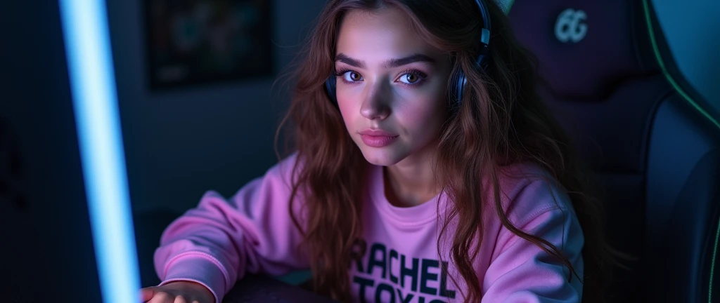 8 K, Beautiful young gamer girl, On a black background, at the computer, Close-up, first person, ((long curly brown hair)), Big purple eyes, eyelashes, in a sweatshirt, on which the inscription "Rachel Toxic" Inscription on clothes,
