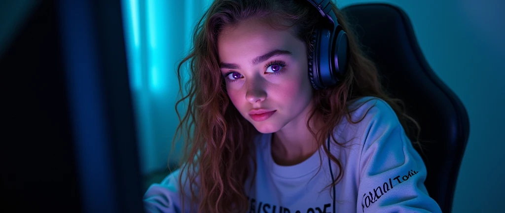 8 K, Beautiful young gamer girl, On a black background, at the computer, Close-up, first person, ((long curly brown hair)), Big purple eyes, eyelashes, in a sweatshirt, on which the inscription "Rachel Toxic" Inscription on clothes, 