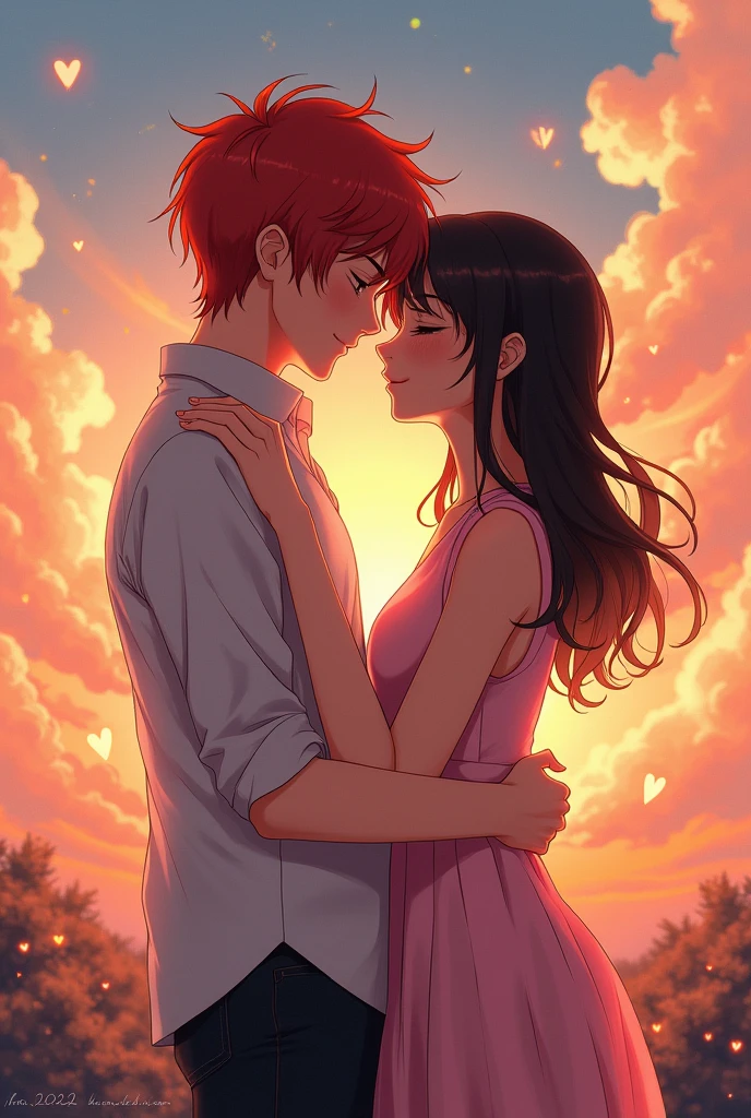 Anime boy and girl , red and black Hair, couple, sunrise , clouds