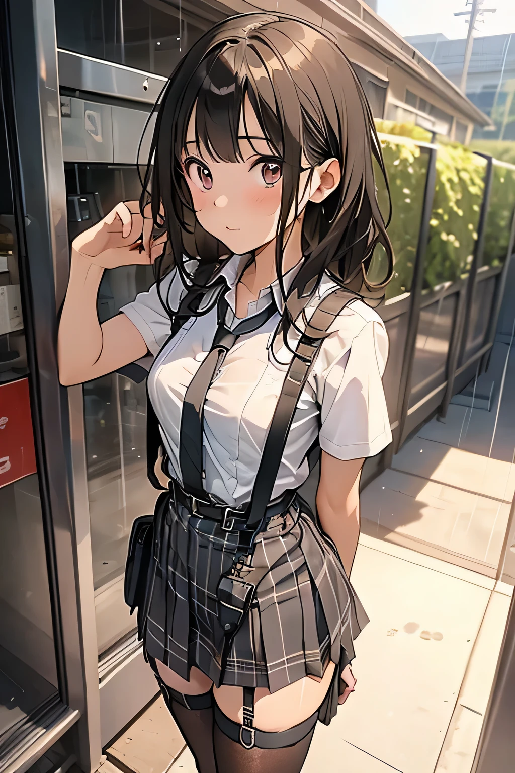 1 female, , high quality, masterpiece, Ultra-high resolution, Cinema Lighting, 1 female, , high quality, masterpiece, Ultra-high resolution, , Cinema Lighting, suspenders Moderate breasts Small face Looking up Sweat Thin belt buzzer 脇Sweat garter belt Belt on pants holster Hands behind your back Looking up Anxious face Knee-high Knee socks Knee-highソックス garter ふとももにgarter belt Checkered mini skirt Panty shot Skirt gap Armament holster holster Hands behind your back Anxious expression Anxious face, legs apart Armament Leg Holster holster See-through clothing heavy rain Rain-soaked dress shirt,Moderate breasts ガーターbelt suspenders Garter on the thigh Checkered mini skirt Looking up Pause belt Armpit sweat Hands behind back Raise your hands