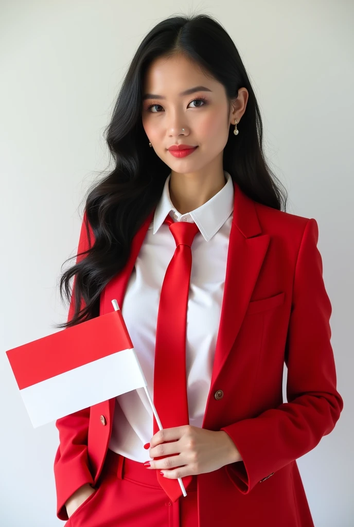 Portrait, Beauty Woman, Focus Camera, Black Hair, Long Hair, Earring, Shirt White, Blazer Red, hold indonesian flag, Tie Red, model pose, hands in trouser pockets, white background