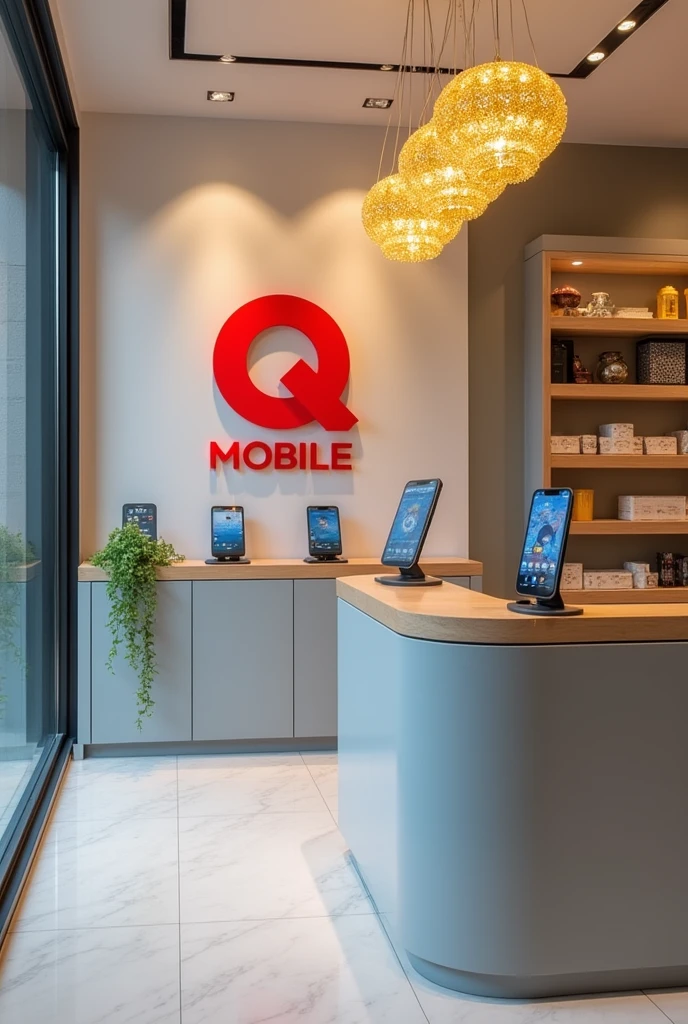 View of the reception shop of a mobile shop, with right left mobiles rage, gray or white accents, a warm yellow crystal chandelier, and a shop logo on the wall behind the reception desk, "Q MOBILE." ", there is right left mobiles on the stands, "Q" is red and "MOBILE" color is black