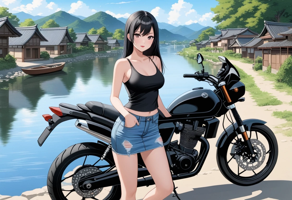 realistic anime illustration of pretty slender asian woman is posing near her motorcycle, holding a black helmet, riverside village scenery, looking at viewer, she has black hair, she wearing black tanktop, light-blue denim pencil mini skirt, (1girl, solo, full body), (masterpiece, best quality, japanese anime style), (expressive eyes, perfect face)