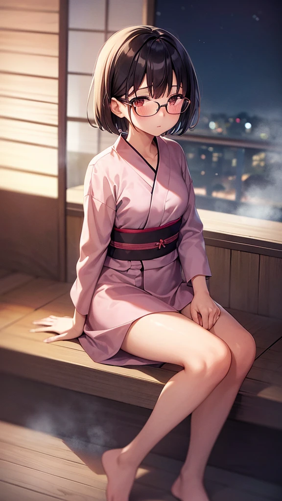 high resolution,high quality,whole body,blush,One person,student,Girl,yukata,Details,Black Hair,Short Hair,Glasses,Brown eyes,Small breasts,Small breasts,Bedroom,night,Sitting,just out of the bath,steam,It's off,Showing a bra,