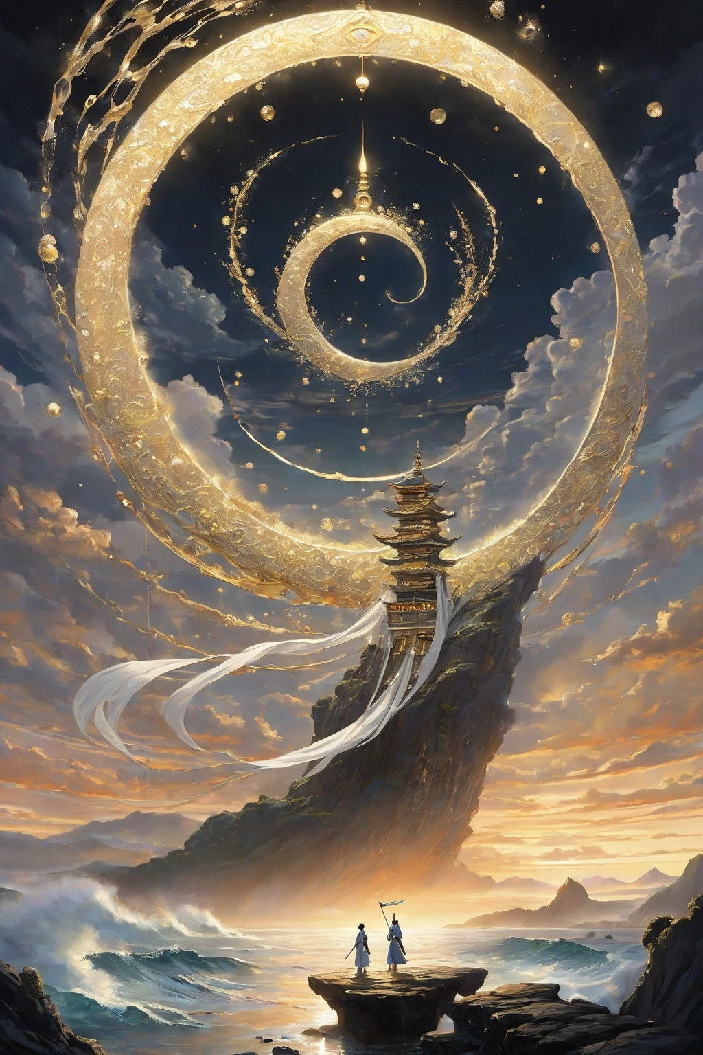Prompt:
Izanagi and Izanami stand on the celestial bridge of heaven, which arches gracefully across the expanse of the sky. The bridge is crafted from shimmering stardust and glowing clouds, casting a gentle light on the dark, swirling sea below. Izanagi holds the heavenly jeweled spear aloft, its jewels sparkling brilliantly against the murky backdrop of the sea. As the spear pierces the waters, golden drops fall, creating ripples that gradually form the island of Onogoro. The scene captures the moment of transformation, with the sea slowly turning from a chaotic swirl to a peaceful, forming land.