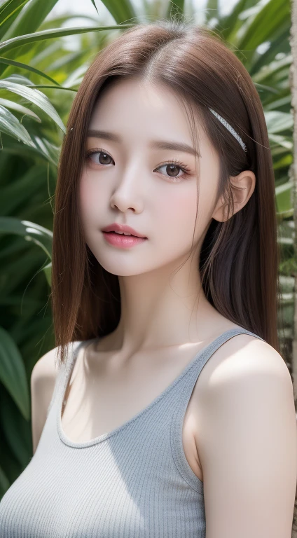 realistic photos of 1 cute Korean star, streaked hair, white skin, thin makeup, 32 inch breasts size, wearing gray crop top, in the farm, upper body portrait, sparkle, UHD