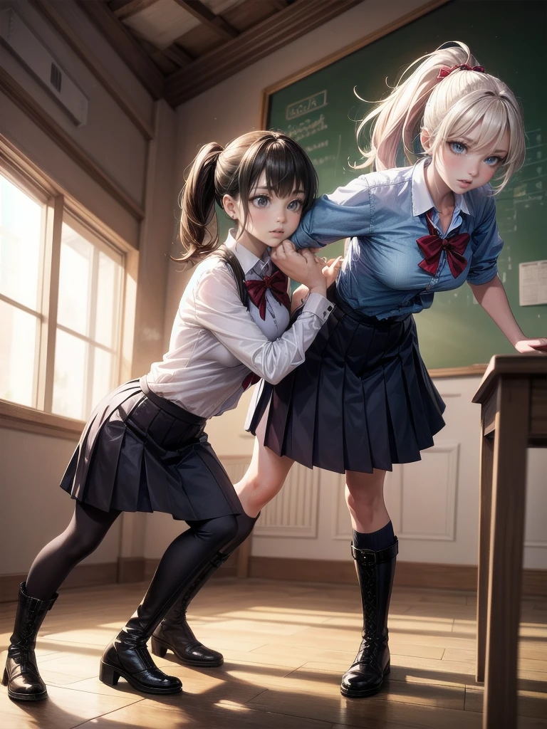 A ponytailed woman in a school uniform and long boots, fighting