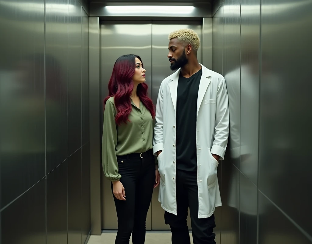 attractive Arabic man (very tall:1.6), platinum blond wavy swept-back crew cut, dark skin, long black stubble, white lab coat, black t-shirt, black cargo pants, black boots, standing inside elevator next to a very short young Caucasian woman, vibrant maroon side-parted long wavy layered hair, soft green silk work blouse, low-rise black pants and black boots, hip shot, cinematic