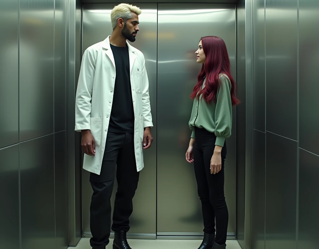 attractive Arabic man (very tall:1.6), platinum blond wavy swept-back crew cut, dark skin, long black stubble, white lab coat, black t-shirt, black cargo pants, black boots, standing inside elevator next to a very short young Caucasian woman, vibrant maroon side-parted long wavy layered hair, soft green silk work blouse, low-rise black pants and black boots, hip shot, cinematic