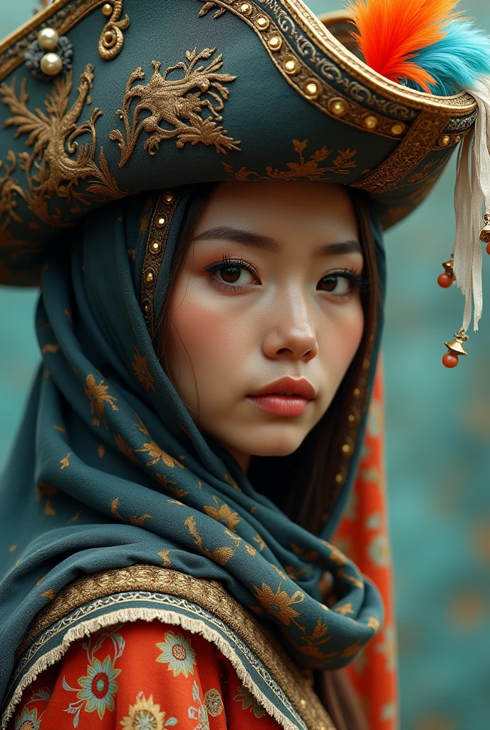 A woman with a headscarf and a colorful pirate hat