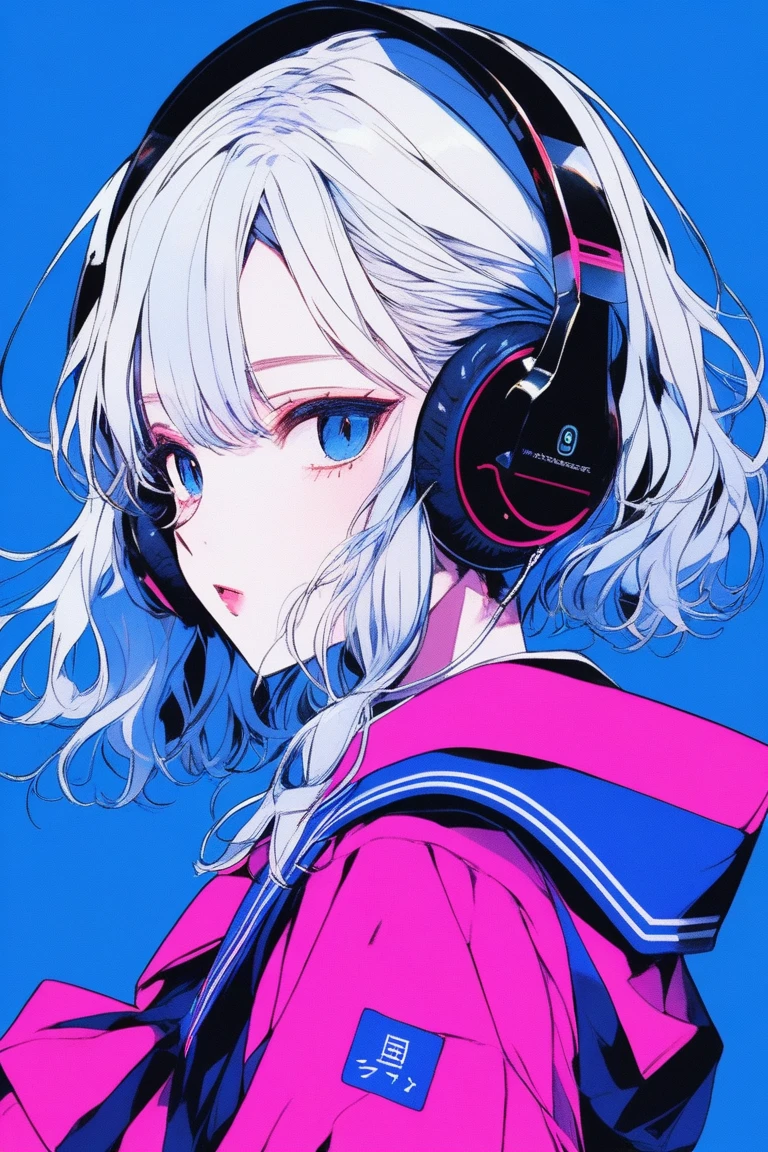 ((masterpiece,Highest quality)), 8k, anime , Realistic ,sketch, anime風のポートレート, 黒猫を連れたanimeの女性, 18-year-old, Blue gradient background, High school girl sailor uniform, Neon Hair, lip, Big eyes, Wear headphones, Texture Trim, Japanese, whole body, (masterpiece,Highest quality)
