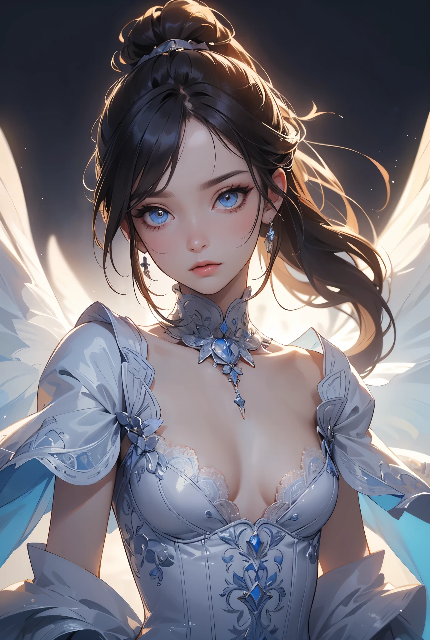 (((masterpiece, of the highest quality, super detailed))), (a female knight of an occult order), ((minimal but intricate beautiful armour)), ((dark hair)), ((ponytail, thick ponytail, heavy ponytail)), Fluttering lace flared dress with frilly petticoats, (((( Highly detailed face))), (((Very sharp focused eyes))), very long eyelashes, small breasts, (((flat chest:1.1)))