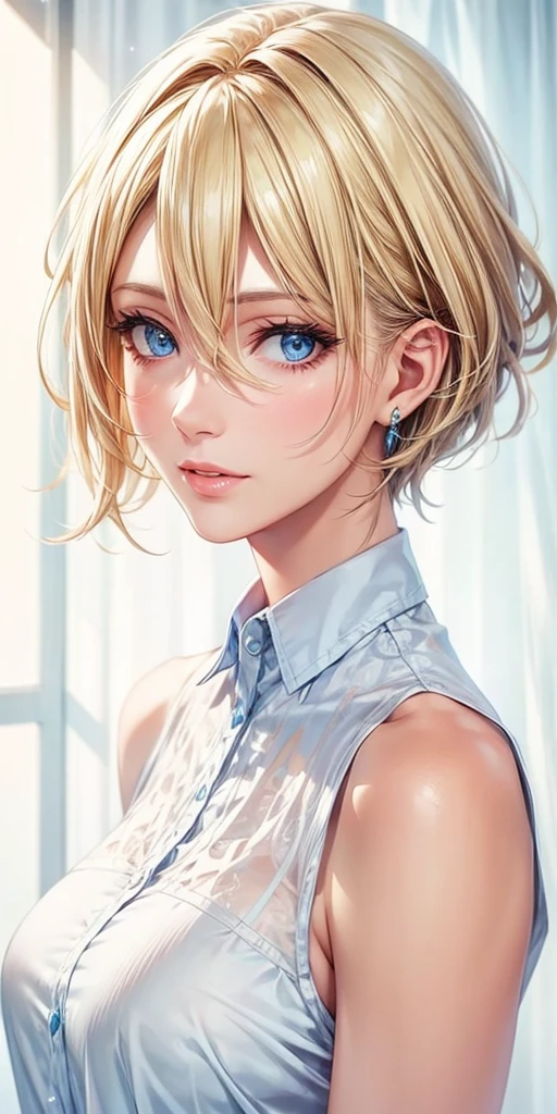 Portraiture, Realistic, Elegant mature woman, blue eyes, Blonde, 4K resolution, Ultra-detailed CG, Beautiful CG, Soft Light,Sheer blouse