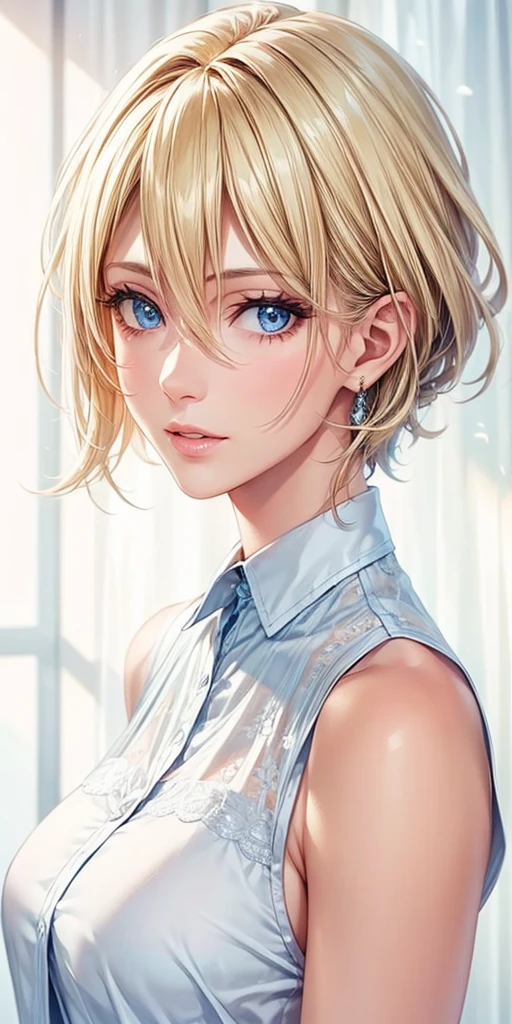 Portraiture, Realistic, Elegant mature woman, blue eyes, Blonde, 4K resolution, Ultra-detailed CG, Beautiful CG, Soft Light,Sheer blouse