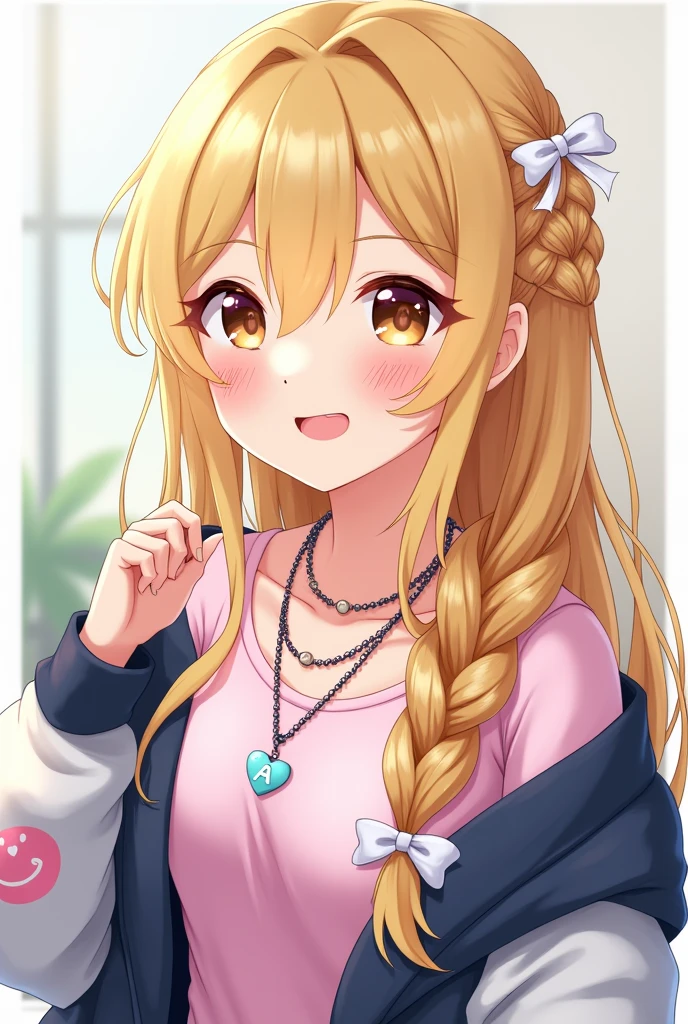 female character, Long blonde hair with braids on the right side with a white ribbon, a chain with a pastel pink heart and a white 'A' initial, a pastel pink shirt., A navy blue choir and school shoes, White sleeves a happy face and normal skin