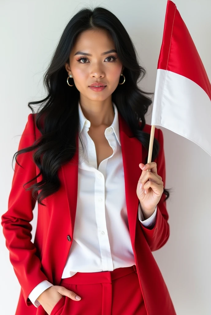 Portrait, Beauty Woman, Focus Camera, Black Hair, Long Hair, Earring, Shirt White, Blazer Red, hold indonesian flag, Tie Red, model pose, hands in trouser pockets, white background