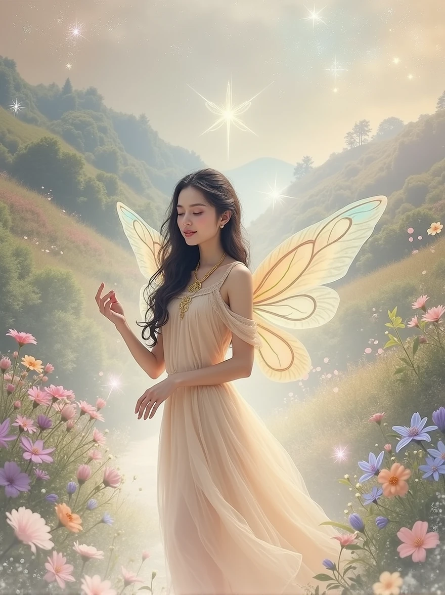 Create a fairytale style picture from this photo, add some bright colors, magical mood