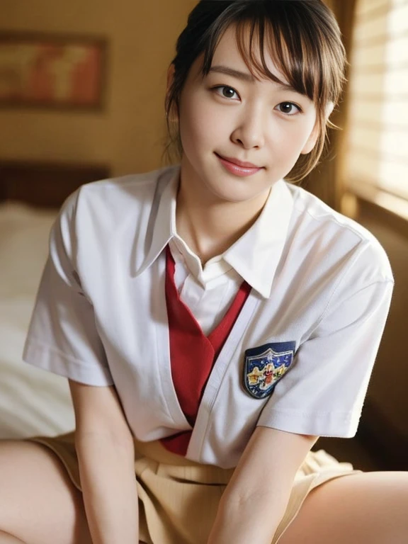 (Masterpiece, Best quality:1.3), (Ultra realistic, Photo-realistic:1.2), Natural light, 28 years old actress, Japanese beautiful 2 women, Neat and clean, (School uniform, Collared shirts, White shirts, Short sleeve, Darknavy short skirt:1.2), (unbutton:1.3), White sock, (Ponytail:1.2), (Beautiful faces), Oval face, clear, Beautiful eyes, Kind eyes, Clear skin, Small face, Beautiful mouth, Small mouth, Natural makeup, Approachable, Seductive smile, (Seductive pose:1.2), Beautiful thighs, Bedroom eyes, Embarrassed, Blush, Luxury hotel Suite room, On bed, (nsfw:1.1), obscene reality of girls, (lesbian couple, petting together:1.1), Spread legs,