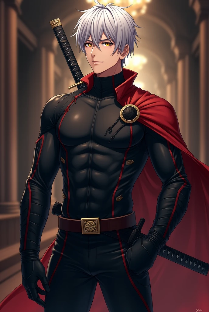A handsome man with silver hair and shiny detailed golden eyes, he has flawless, well-cared for skin, He has a symmetrical face.. He has an air of nobility and serenity. Straight and well-proportioned nose, with a slight curve. Thin, firm lips, displaying an expression of concentration. Your skin is pale and flawless, without any visible scars or marks, except for a few fine lines around his eyes. She wears a body-hugging combat suit, made from a lightweight material, Flexible and durable. The suit is black with dark red details, designed to allow maximum mobility and discretion. Has hidden pockets and compartments for storing small tools and weapons. She wears black combat boots that reach halfway up her calf, with non-slip soles and reinforced tips for additional protection. black fingerless gloves, made from the same durable material as the suit, providing better grip on her daggers and surfaces. A black belt with various pouches and compartments for storing additional daggers, smoke grenades, and other tactical equipment. His katana is a masterpiece, with a blade forged from tempered steel. The hilt is wrapped in black leather and decorated with gold details. The katana is carried in a black and red scabbard attached to his waist. A calm and controlled expression on her face. Hall in the background. anime styling.