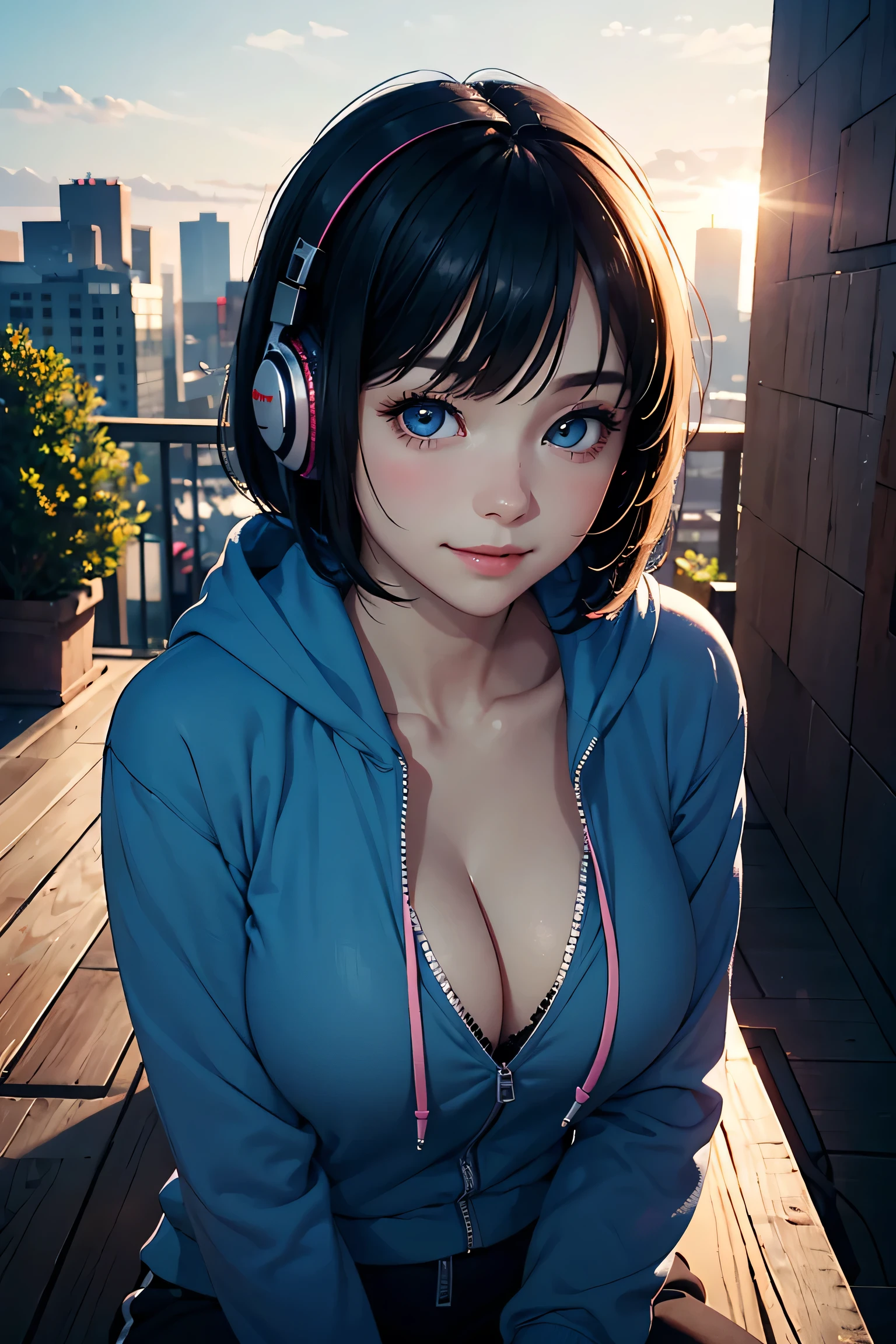 (masterpiece:1.2, Highest quality), (Realistic photos), Beautiful illustrations, (Natural side lighting, Cinema lighting),1 person, Japanese, 20-year-old female, Perfect Face, Symmetrical cute face, Glowing Skin, (Black Hair、Short Bob)、Flowing bangs, Dark blue eyes, Long eyelashes, (Large Breasts:1.2), Slender build, Beautiful Hair, Beautiful Face, Fine and beautiful eyes, Beautiful body, Beautiful breasts,headphone、 (hoodie、pants),smile、Blushing、stand、rooftop、Morning Glow