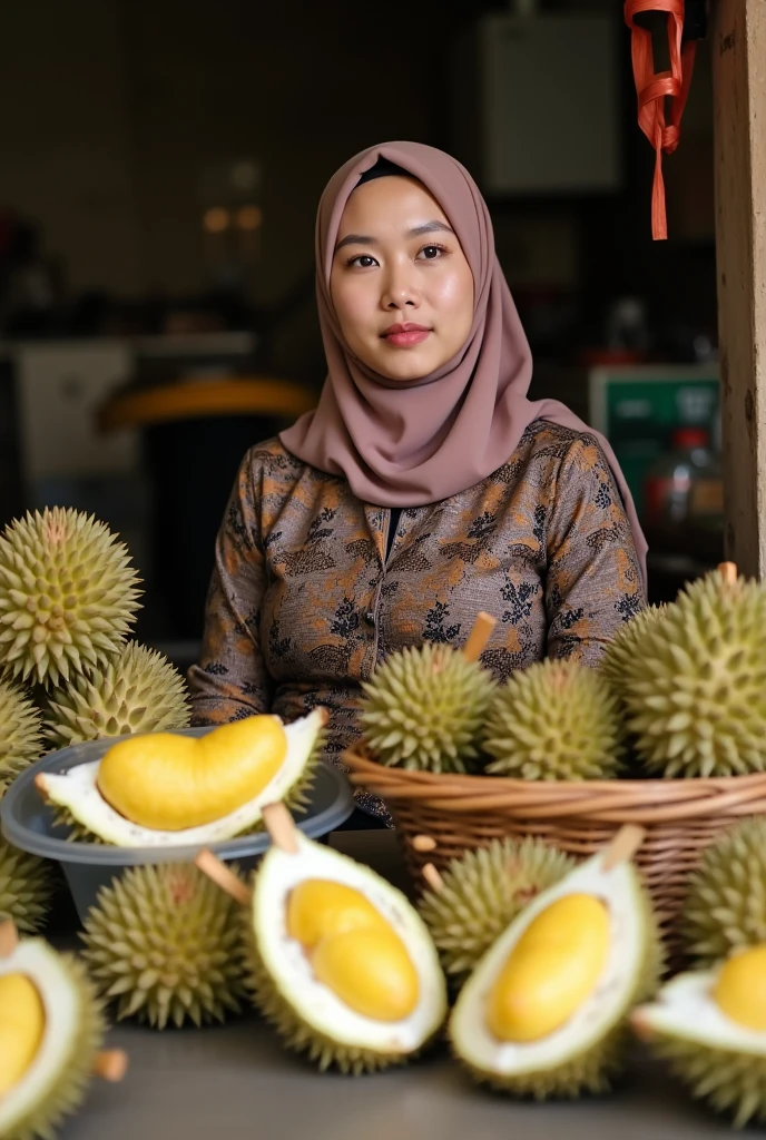 Yang mau coba durennya silahkan kk promptnya tetep masih yg kemaren.

a woman aged 25 yo wearing a hijab with long dress, sitting in front of a table full of a variety of durian, some durians is cut in a half placed in the transparent plastic food container, the durians texture looks real, some durians placed in the bamboo basket, wearing apron a traditional batik from java indonesian, 4k photography, connections, evokes delight, flowermarket, artsation contest winner, stunning photo-quality, traditional market indonesian, 1024×1024