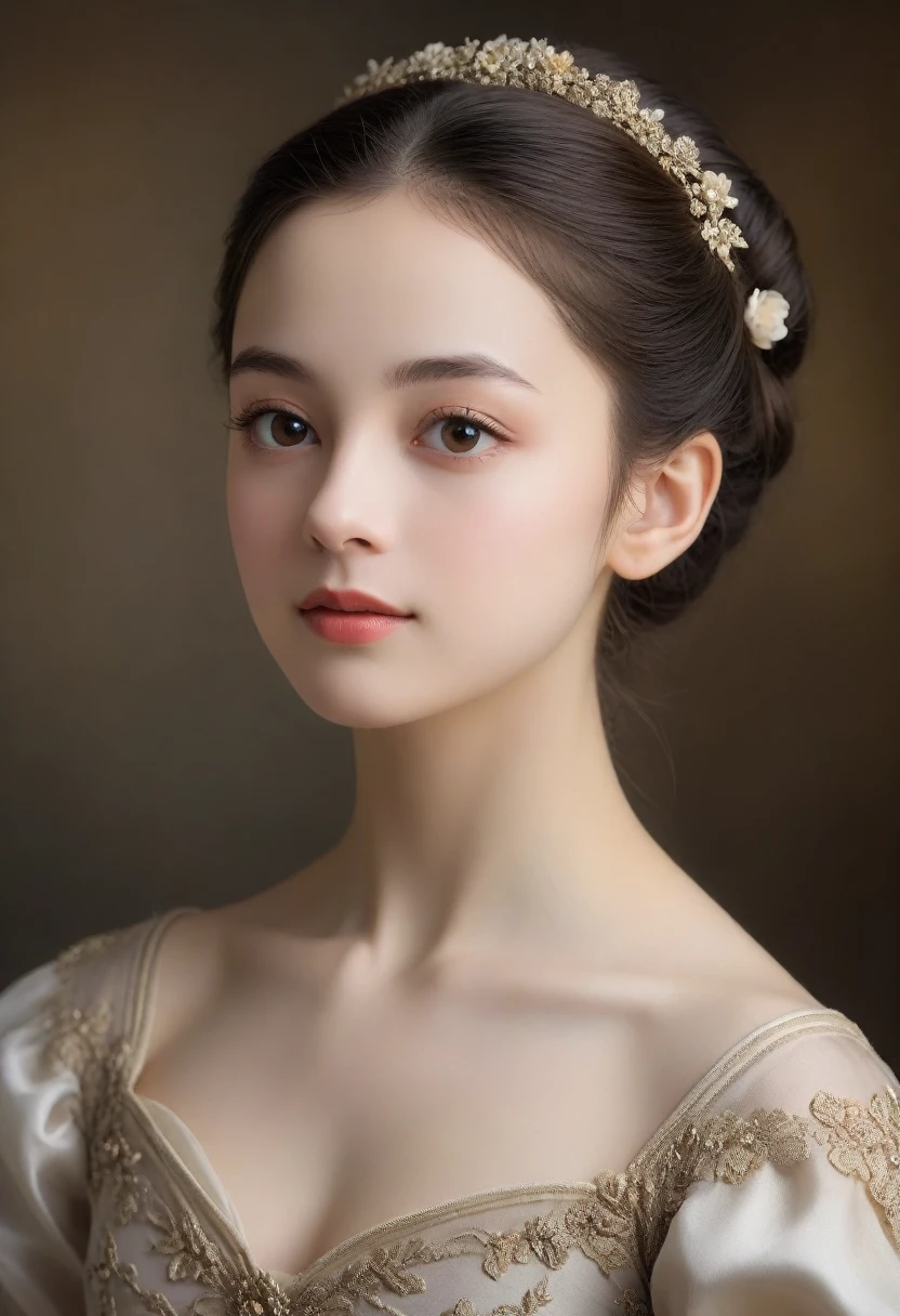 (High resolution,masterpiece:1.2),(Realistic:1.37)"(Highest quality, High resolution, Very detailed, Realistic),A beautiful portrait of a 19th-century ballet dancer, (She is half French and half Japanese., She is a stunning beauty with dark brown eyes and a high nose:1.1), Exquisite ballet costumes, Detailed facial features, Long and graceful neck, Flowing locks of hair, Calm and elegant posture, Soft and delicate lighting, Classical Oil Painting Medium, Vibrant colors, Delicate background with floral motifs"